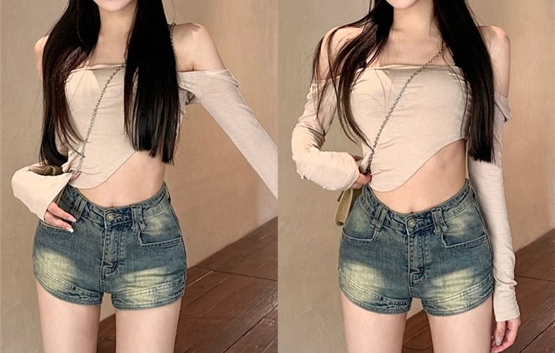 High Waist Washed Denim Hot Pants