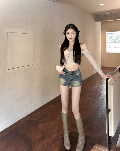 High Waist Washed Denim Hot Pants