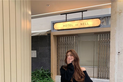 Off-Shoulder Plain Pullover / Drawstring Waist Contrast Trim Washed Ripped Wide Leg Jeans