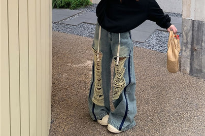 Off-Shoulder Plain Pullover / Drawstring Waist Contrast Trim Washed Ripped Wide Leg Jeans