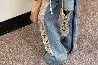 Off-Shoulder Plain Pullover / Drawstring Waist Contrast Trim Washed Ripped Wide Leg Jeans