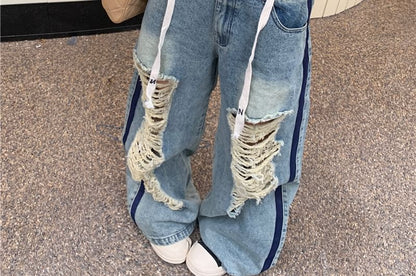 Off-Shoulder Plain Pullover / Drawstring Waist Contrast Trim Washed Ripped Wide Leg Jeans