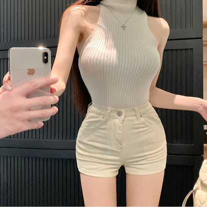 High Waist Plain Denim Hot Pants