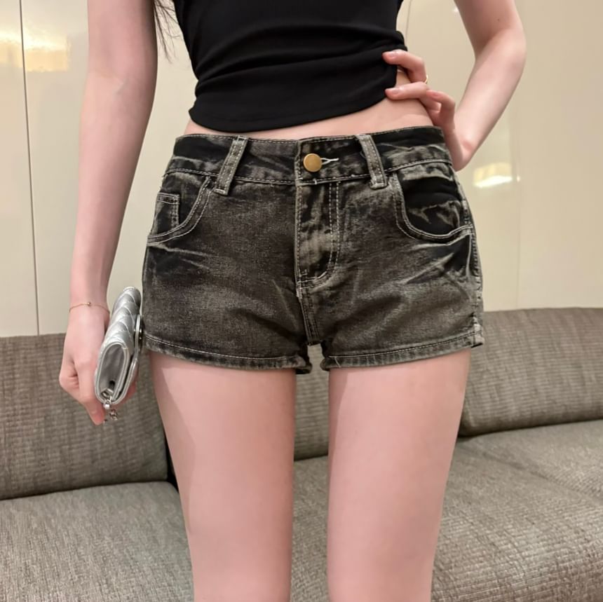 Low Rise Washed Denim Hot Pants