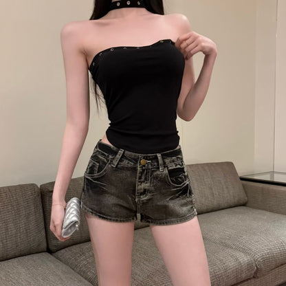 Low Rise Washed Denim Hot Pants