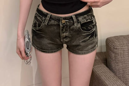 Low Rise Washed Denim Hot Pants
