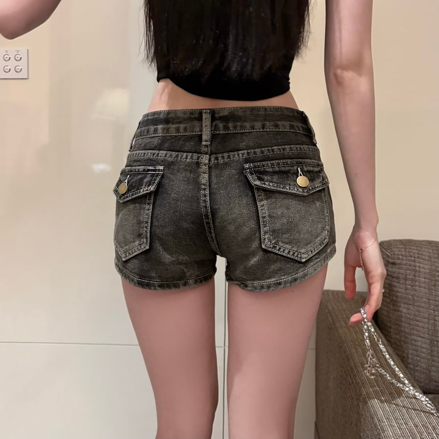 Low Rise Washed Denim Hot Pants