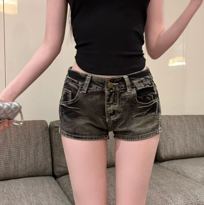 Low Rise Washed Denim Hot Pants