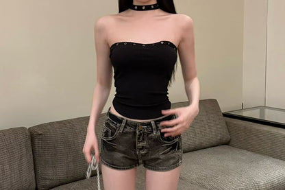 Low Rise Washed Denim Hot Pants