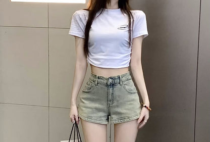 High Waist Washed Zipped Denim Hot Pants