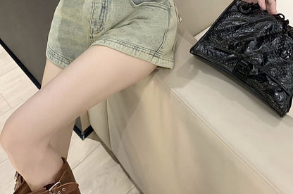 High Waist Washed Zipped Denim Hot Pants