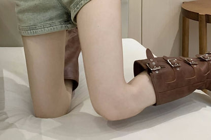 High Waist Washed Zipped Denim Hot Pants