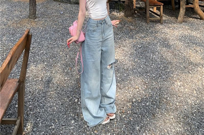 Plain Bow Accent Lace Trim Ruched Crop Tube Top / Mid Rise Washed Ripped Wide Leg Jeans