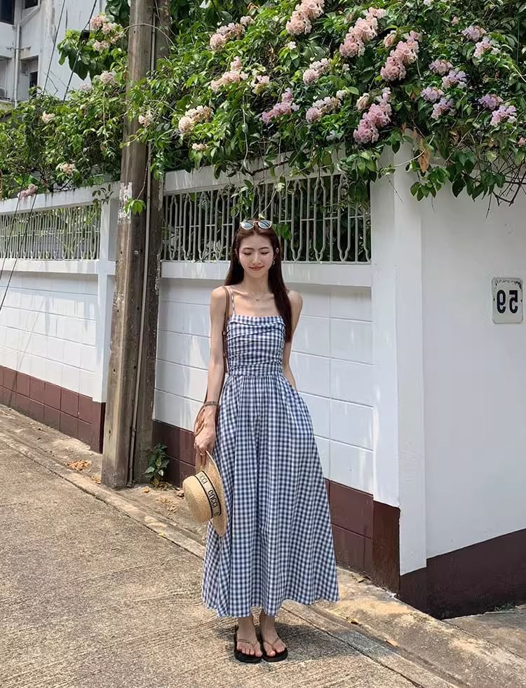 Plaid A-Line Midi Dress with Spaghetti Straps