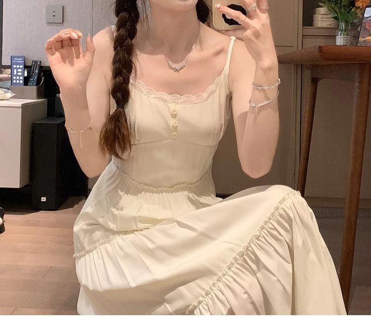 Tiered Lace Trim Midi A-Line Dress with Spaghetti Straps