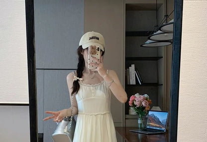 Tiered Lace Trim Midi A-Line Dress with Spaghetti Straps