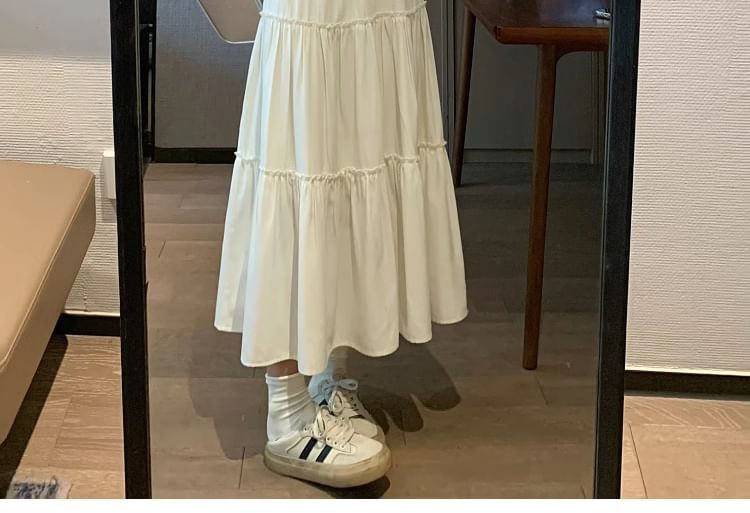 Tiered Lace Trim Midi A-Line Dress with Spaghetti Straps