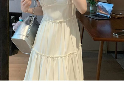 Tiered Lace Trim Midi A-Line Dress with Spaghetti Straps