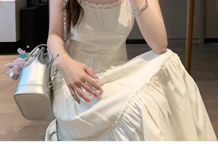 Tiered Lace Trim Midi A-Line Dress with Spaghetti Straps