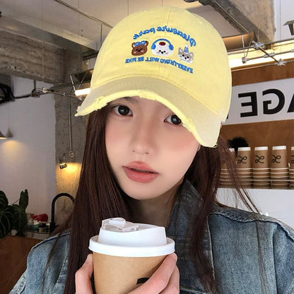 Cartoon Embroidered Distressed Baseball Cap