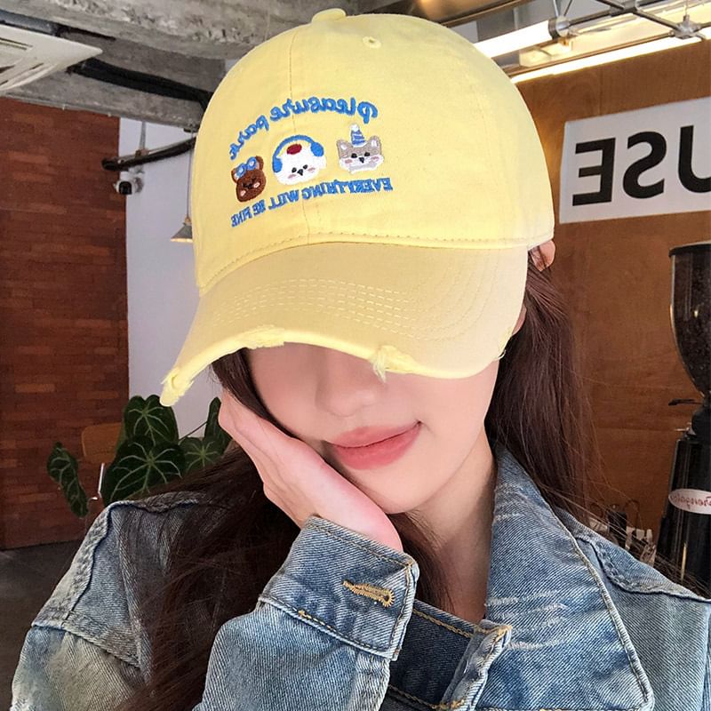 Cartoon Embroidered Distressed Baseball Cap
