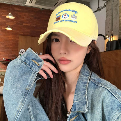 Cartoon Embroidered Distressed Baseball Cap