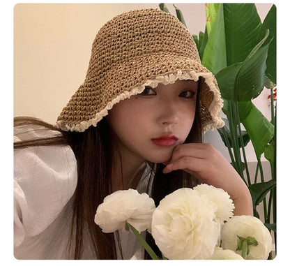 Lace Trim Straw Sun Hat