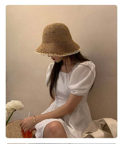 Lace Trim Straw Sun Hat