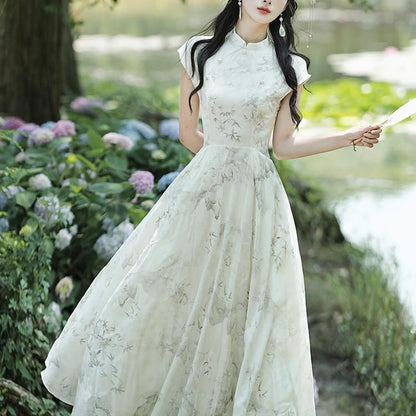 Cap-Sleeve Bamboo Print Midi A-Line Qipao