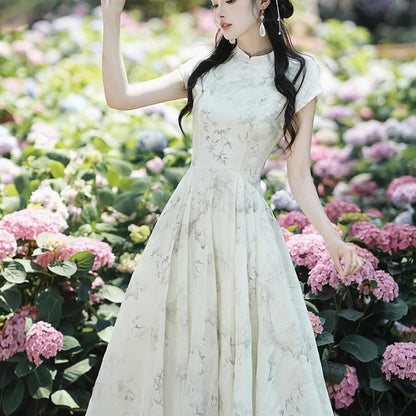 Cap-Sleeve Bamboo Print Midi A-Line Qipao