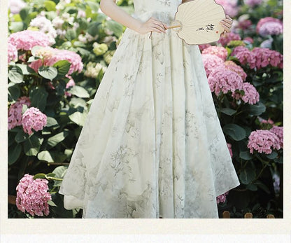 Cap-Sleeve Bamboo Print Midi A-Line Qipao