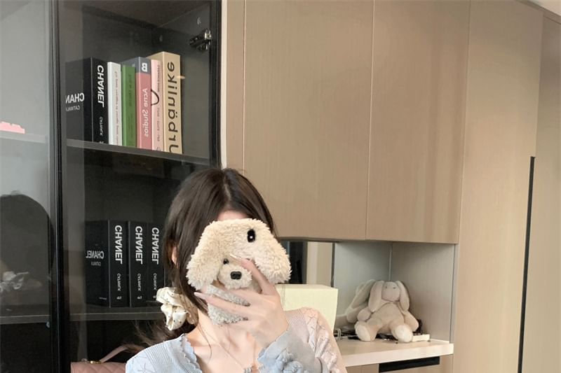 Set: Sleeveless Scoop Neck Plain Crop Knit Top + Plain Cable Knit Cardigan