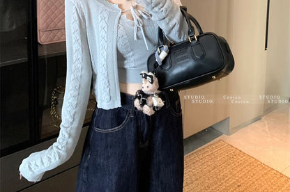 Set: Sleeveless Scoop Neck Plain Crop Knit Top + Plain Cable Knit Cardigan