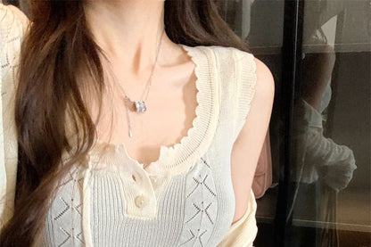 Set: Sleeveless Scoop Neck Plain Crop Knit Top + Plain Cable Knit Cardigan