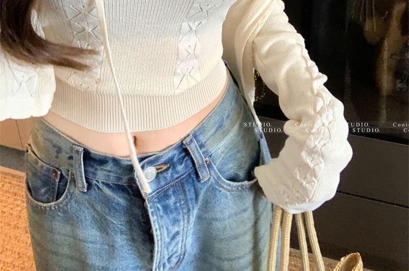 Set: Sleeveless Scoop Neck Plain Crop Knit Top + Plain Cable Knit Cardigan