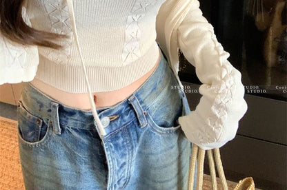 Set: Sleeveless Scoop Neck Plain Crop Knit Top + Plain Cable Knit Cardigan