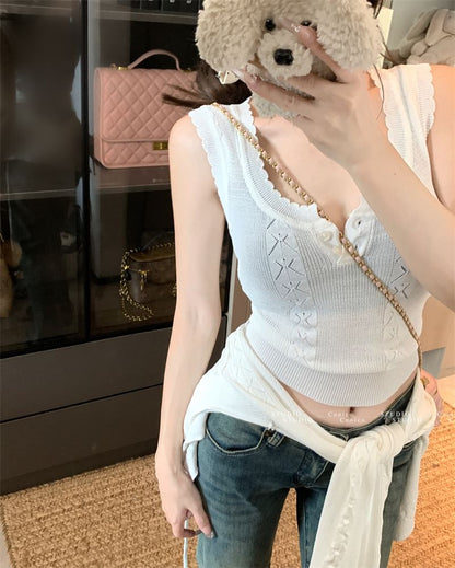 Set: Sleeveless Scoop Neck Plain Crop Knit Top + Plain Cable Knit Cardigan