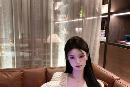 Spaghetti Strap V-Neck Flower Print Mini Bodycon Dress / V-Neck Plain Crochet Cardigan