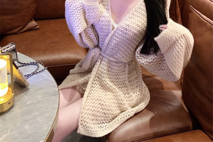 Spaghetti Strap V-Neck Flower Print Mini Bodycon Dress / V-Neck Plain Crochet Cardigan