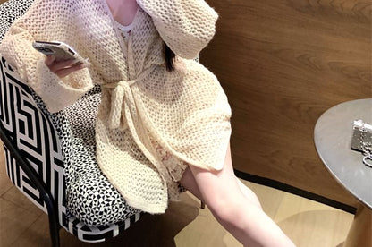 Spaghetti Strap V-Neck Flower Print Mini Bodycon Dress / V-Neck Plain Crochet Cardigan