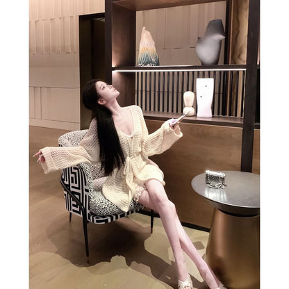 Spaghetti Strap V-Neck Flower Print Mini Bodycon Dress / V-Neck Plain Crochet Cardigan