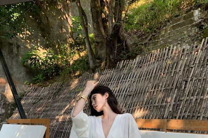 Long-Sleeve V-Neck Plain Blouse / Mid Waist Plain Maxi A-Line Skirt