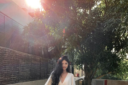 Long-Sleeve V-Neck Plain Blouse / Mid Waist Plain Maxi A-Line Skirt