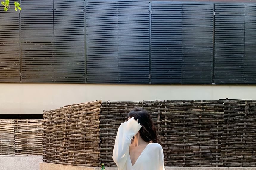 Long-Sleeve V-Neck Plain Blouse / Mid Waist Plain Maxi A-Line Skirt