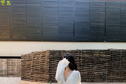 Long-Sleeve V-Neck Plain Blouse / Mid Waist Plain Maxi A-Line Skirt