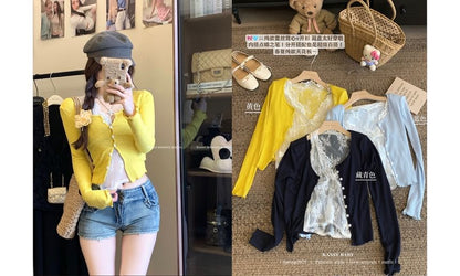 Scoop Neck Plain Ruffle Trim Cardigan / V-Neck Lace Camisole Top