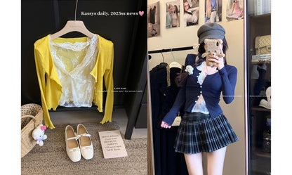 Scoop Neck Plain Ruffle Trim Cardigan / V-Neck Lace Camisole Top