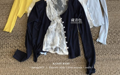 Scoop Neck Plain Ruffle Trim Cardigan / V-Neck Lace Camisole Top