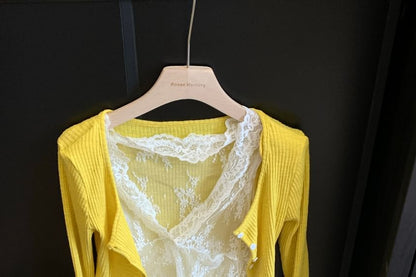 Scoop Neck Plain Ruffle Trim Cardigan / V-Neck Lace Camisole Top