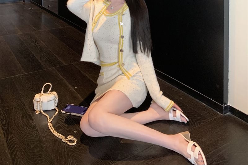 Scoop Neck Contrast Trim Cami Top / High Waist Mini Pencil Skirt / Contrast Trim Button Cardigan